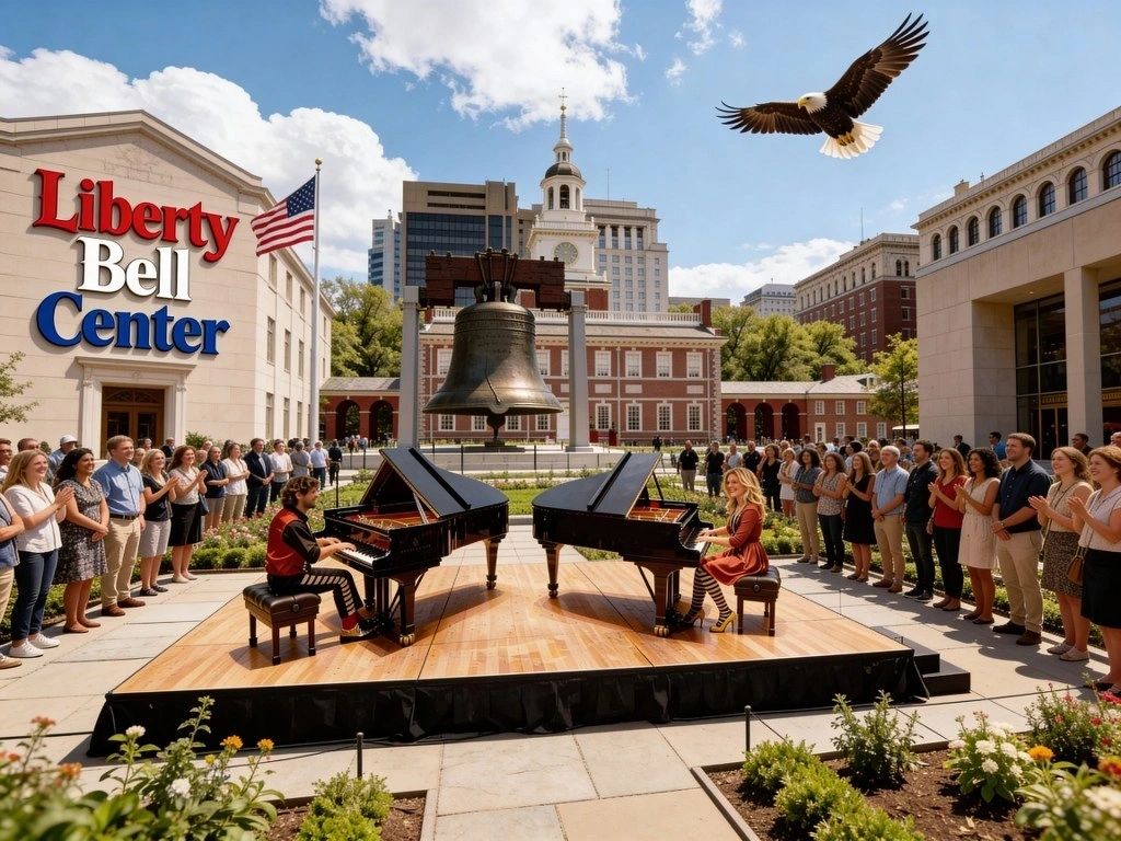 Kevin & Katie Keys playing a 4th of July piano concert at the Liberty Bell Center in Philadelphia, PA