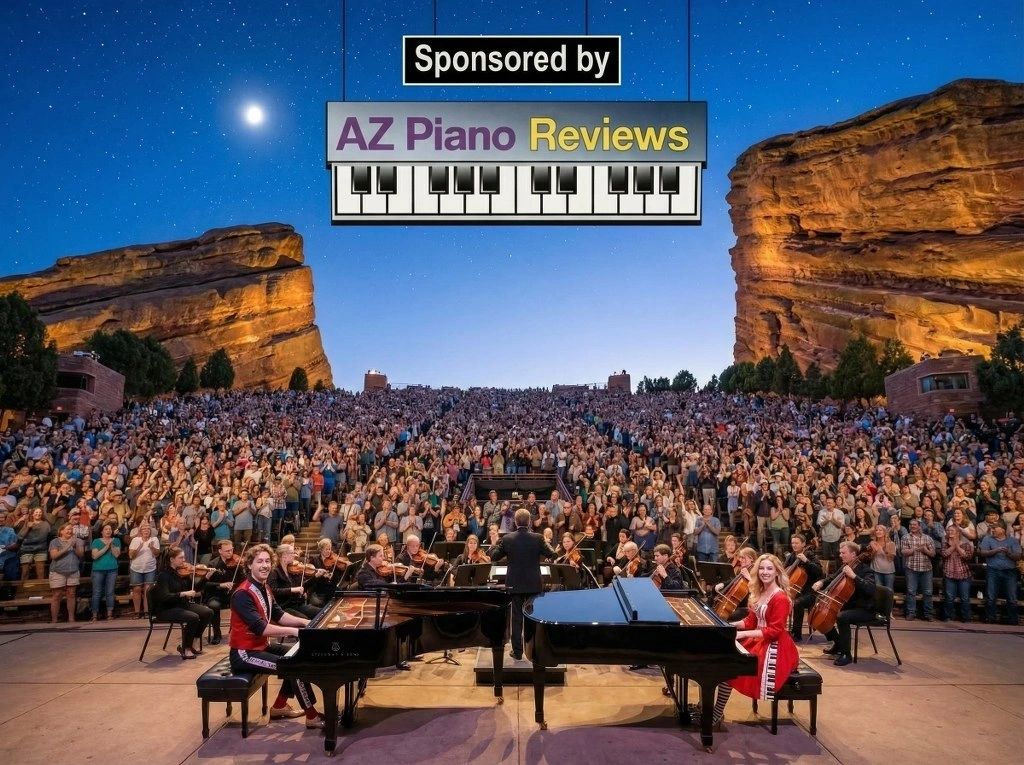 Katie & Kevin Keys playing duet grand piano concert at a beautiful outdoor concert arena in Colorado
