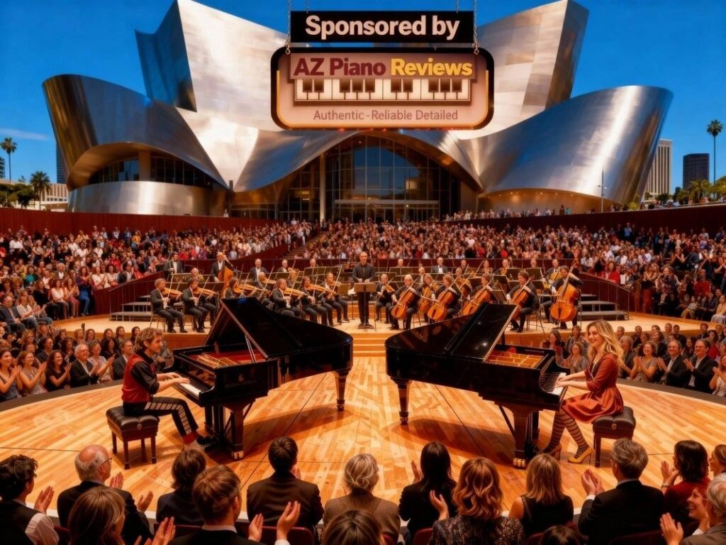 Outdoor community duet piano concert given by Kevin & Katie Keys