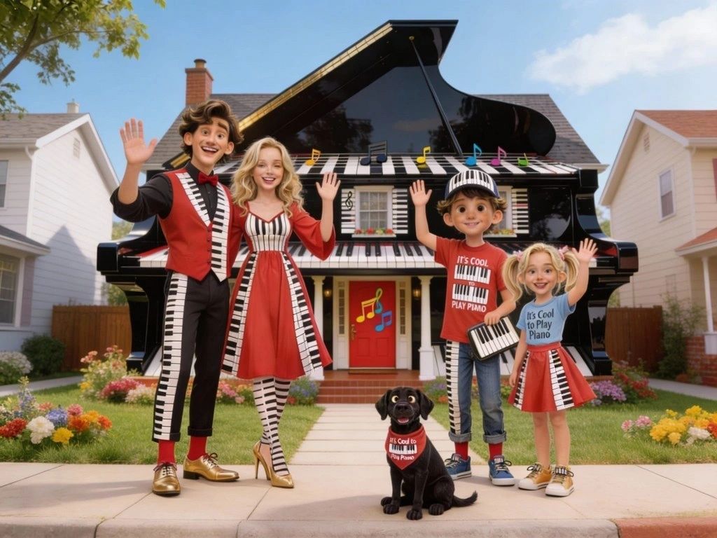 Kevin & Katie Keys with their children Karson & Kylie and their dog Kingston in front of their custom grand piano home