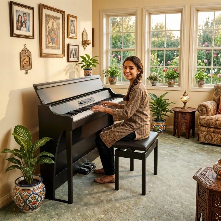 Happy girl playing piano