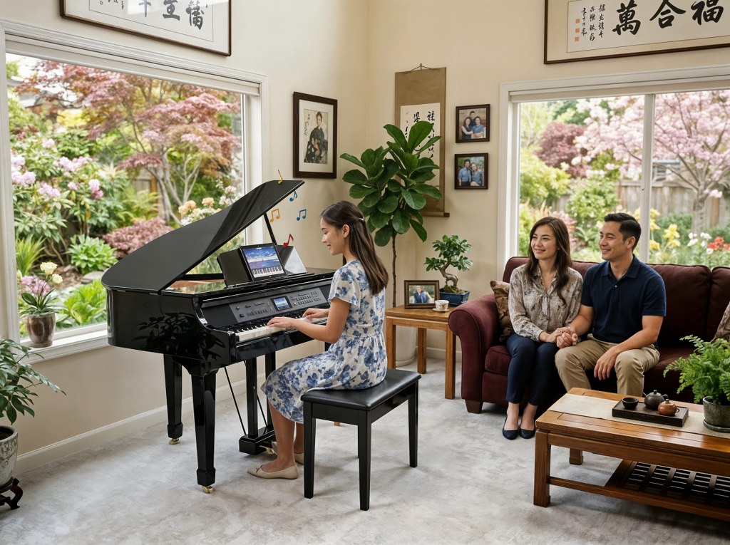 Asian family and girl playing digital grand piano