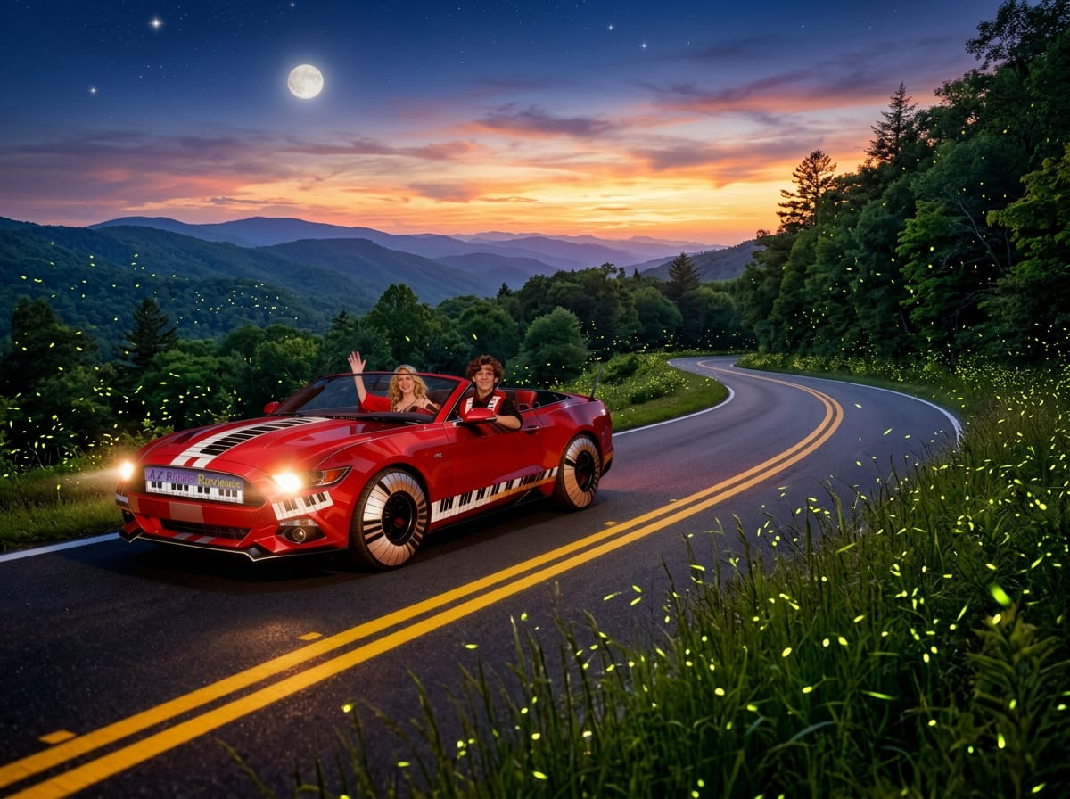 Kevin & Katie Keys driving through the Great Smoky Mountains with fireflies
