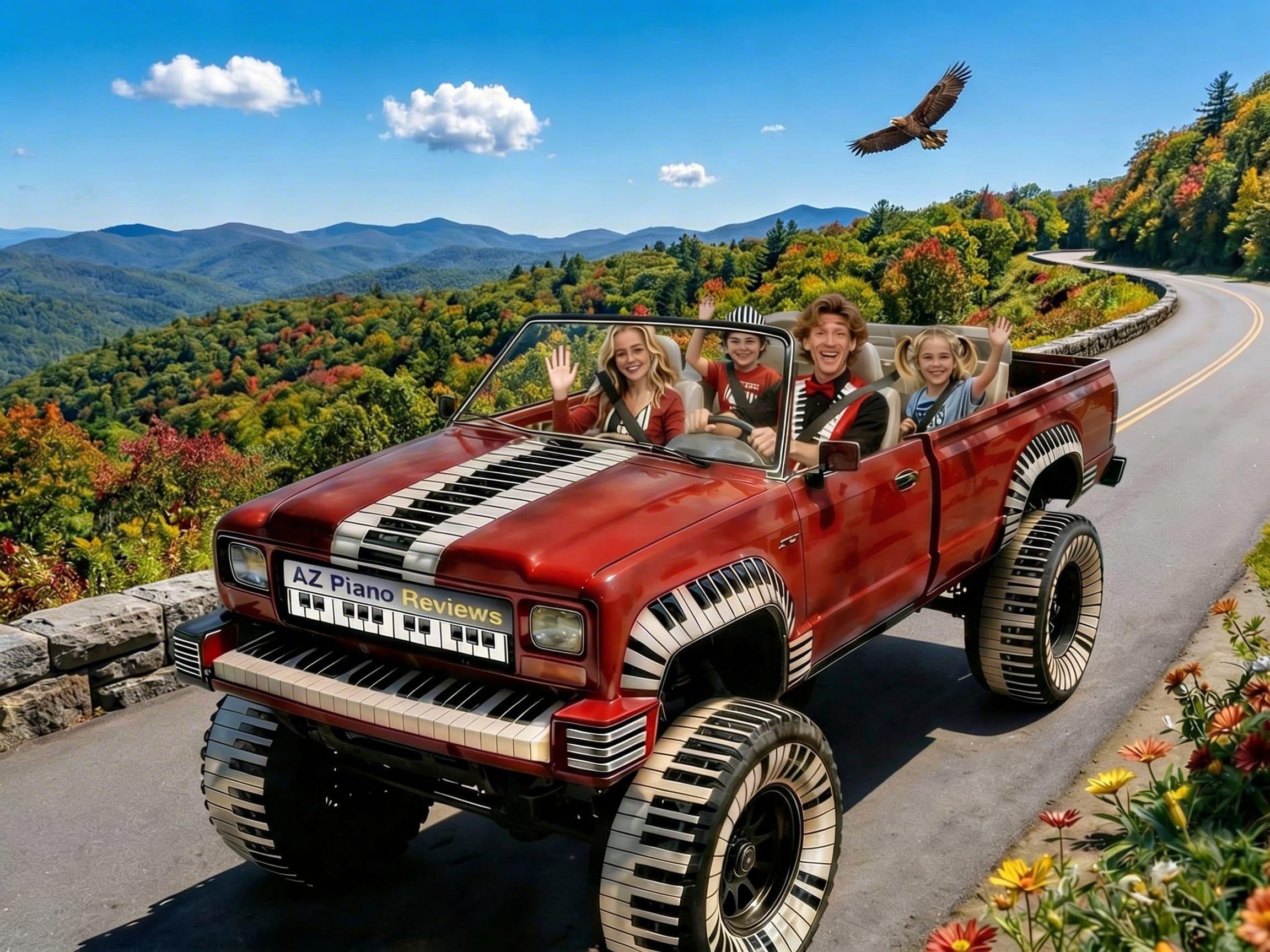 Kevin & Katie Keys Driving piano truck in Blue Ridge Mountains