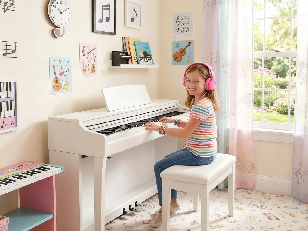 Girl playing digital piano with headphones on for private practice