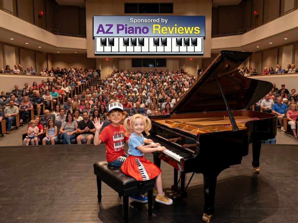Karson & Kylie Keys playing grand piano concert for audience