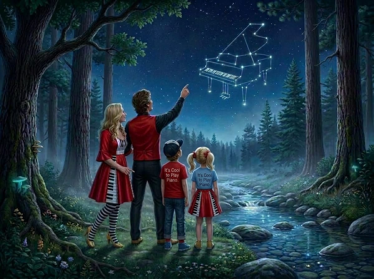 Kevin & Katie Keys looking at Piano Constellation in a forest