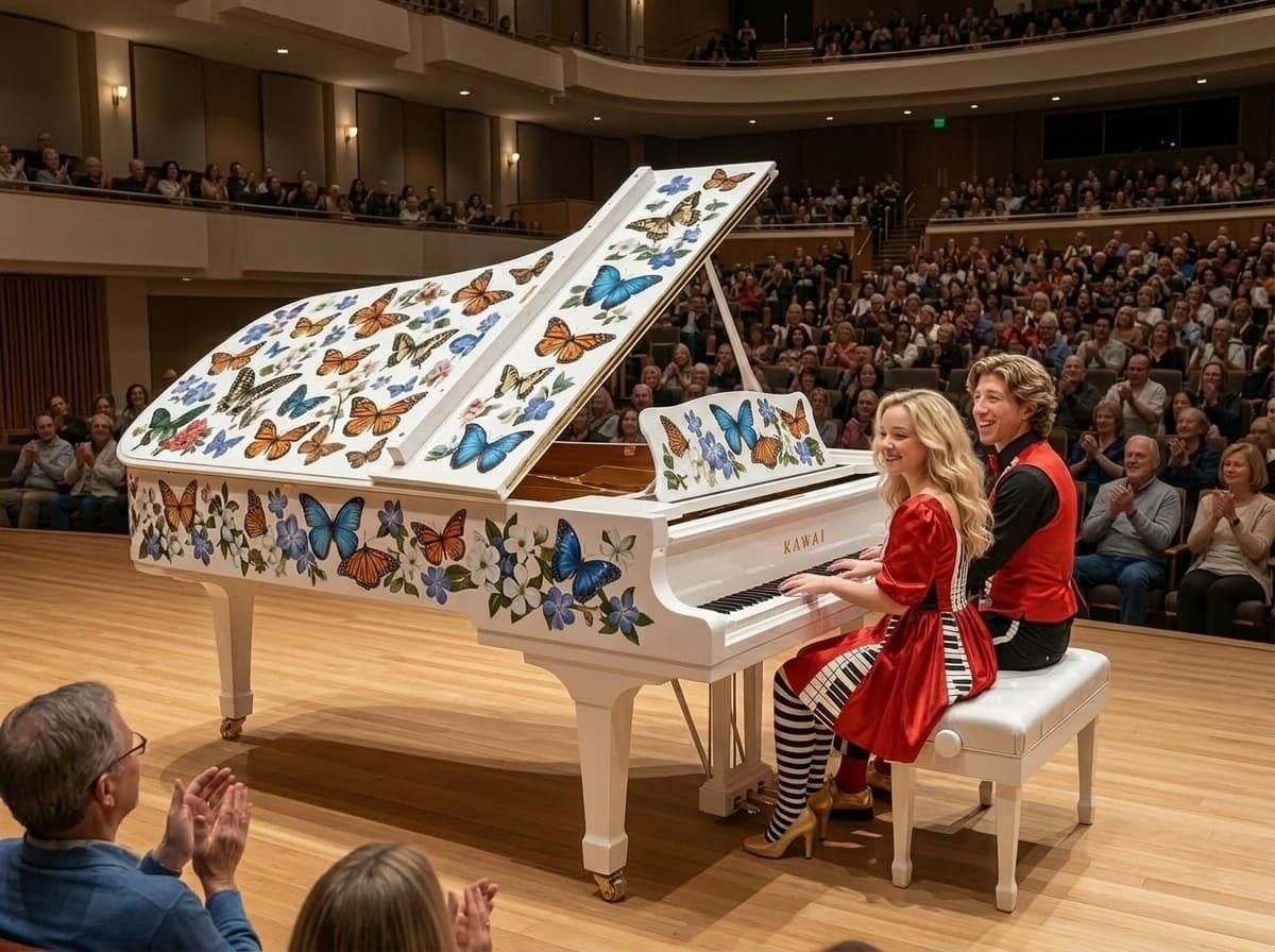 Kevin & Katie Keys white grand piano with butterflies and flowers