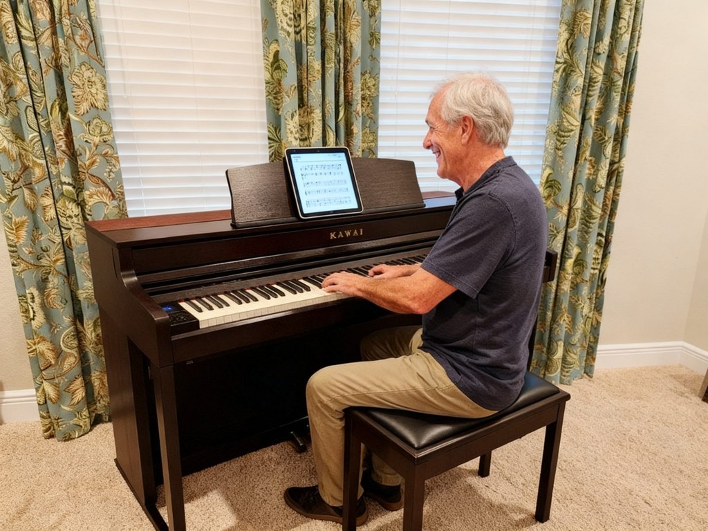 Man playing kawai ca501 digital piano with iPad