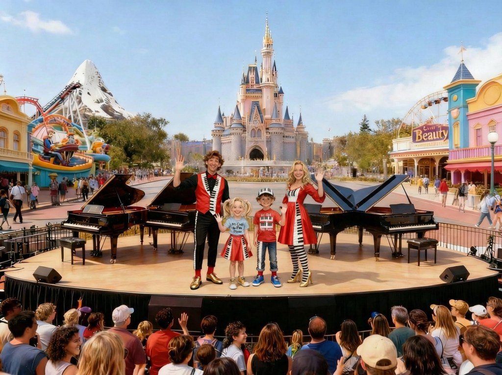 Keys family playing pianos at a famous entertainment theme park