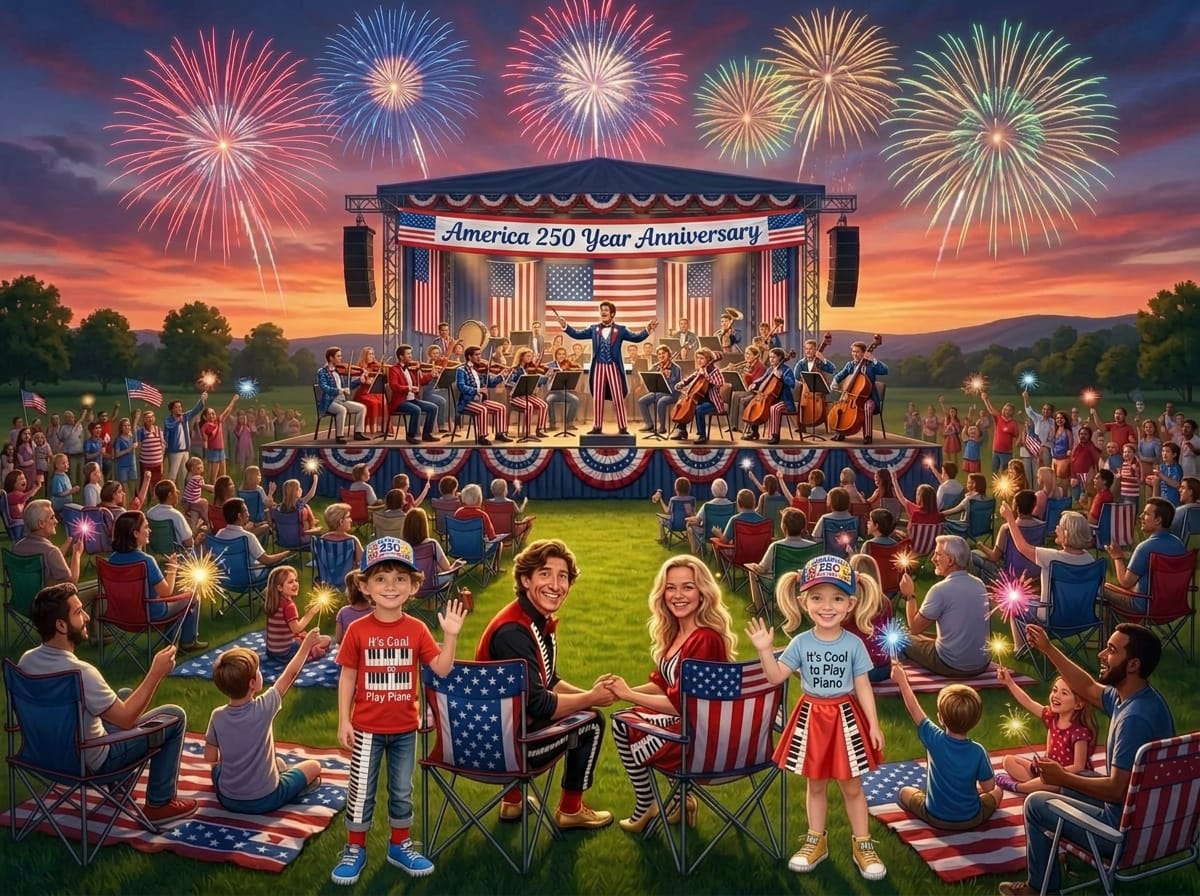4th of July event with stage 250 year banner