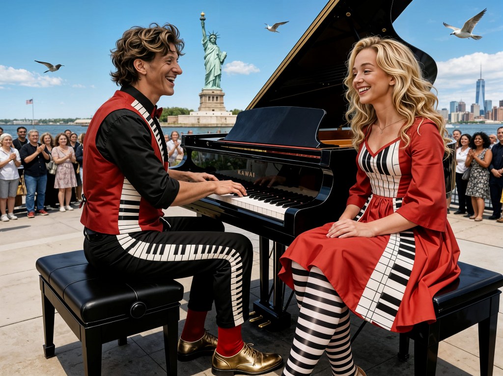 Kevin & Katie playing piano near Statue of Liberty 