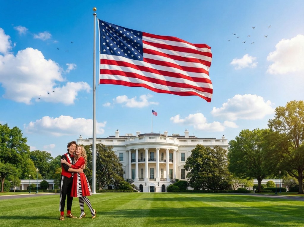 Kevin & katie in front of White House American flag 